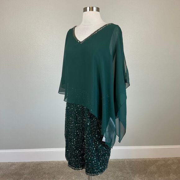 JKara Women's Cocktail Dress Size 6 Green Sequined Asymmetric Caped Mini Sheath - Picture 4 of 13